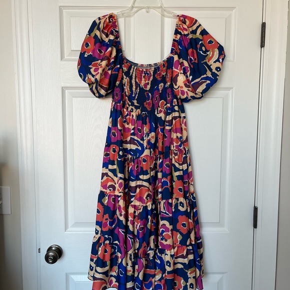 Sunday Up Multi-Colored Printed Tiered Puff Sleeve Midi Dress - Picture 2 of 5